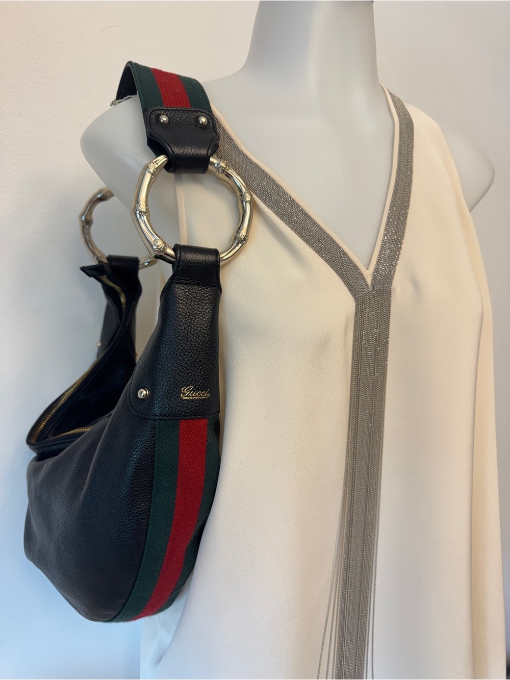 Gucci Black Crescent Bag w/Green & Red Stripe & Gold Bamboo Rings - Picture 3 of 13